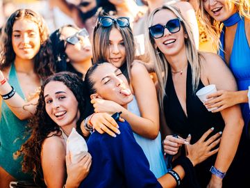Friends in sunglasses taking a group photo – Nomad Beach Club, Zrce Beach