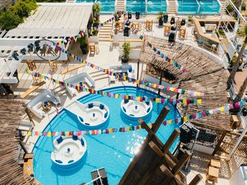 Bird’s-eye view of the pool and wooden decks – Nomad Beach Club, Zrce Beach