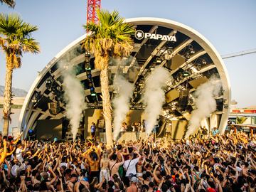 Smoke jets on the arch stage at dusk – Papaya Club, Zrće Beach