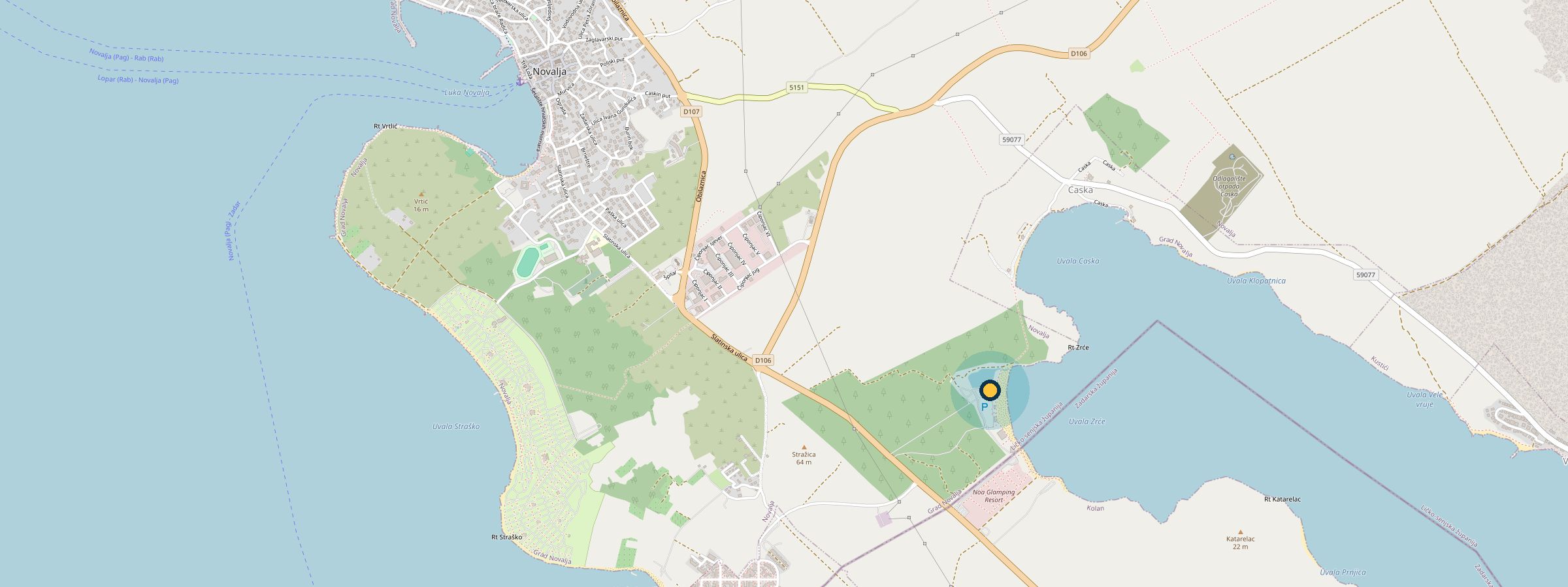 Map of Zrće Beach in Zrće Bay, 2.5 km south-east of Novalja on the island of Pag, Croatia